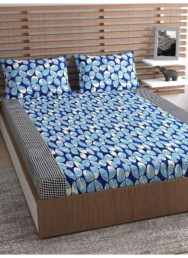 URBAN MAGIC Blue Flowers with Black Geometric Lines Printed Elastic Fitted Double Bedsheet with 2 Pillow Covers