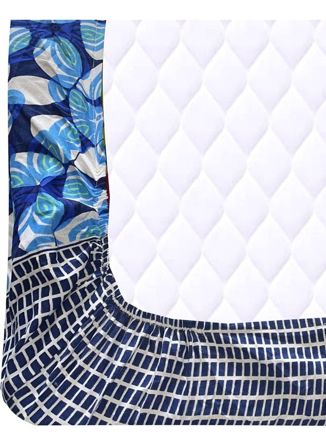 URBAN MAGIC Blue Flowers with Black Geometric Lines Printed Elastic Fitted Double Bedsheet with 2 Pillow Covers