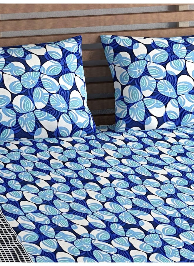 URBAN MAGIC Blue Flowers with Black Geometric Lines Printed Elastic Fitted Double Bedsheet with 2 Pillow Covers
