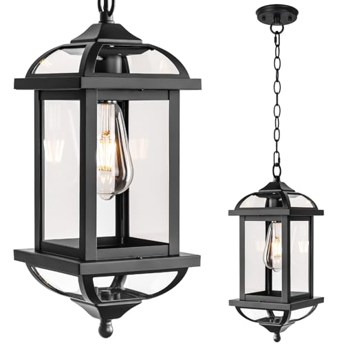 Roravilila Large Outdoor Pendant Light Fixture Ceiling 16 Inch, Anti-Rust Aluminum Outdoor Chandelier for Porch with IP65 Waterproof Clear Glass Exterior Ceiling Mount Hanging Light, Matte Black - Image 1