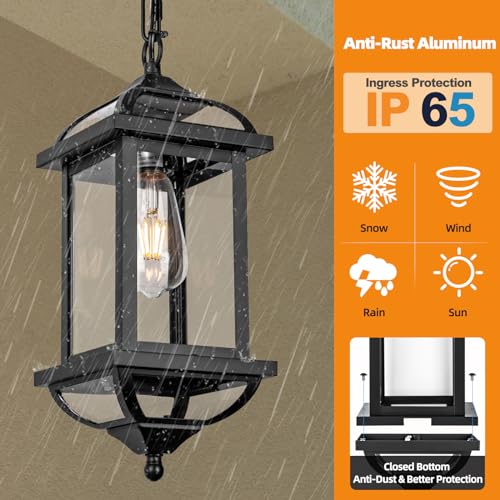 Roravilila Large Outdoor Pendant Light Fixture Ceiling 16 Inch, Anti-Rust Aluminum Outdoor Chandelier for Porch with IP65 Waterproof Clear Glass Exterior Ceiling Mount Hanging Light, Matte Black - Image 4