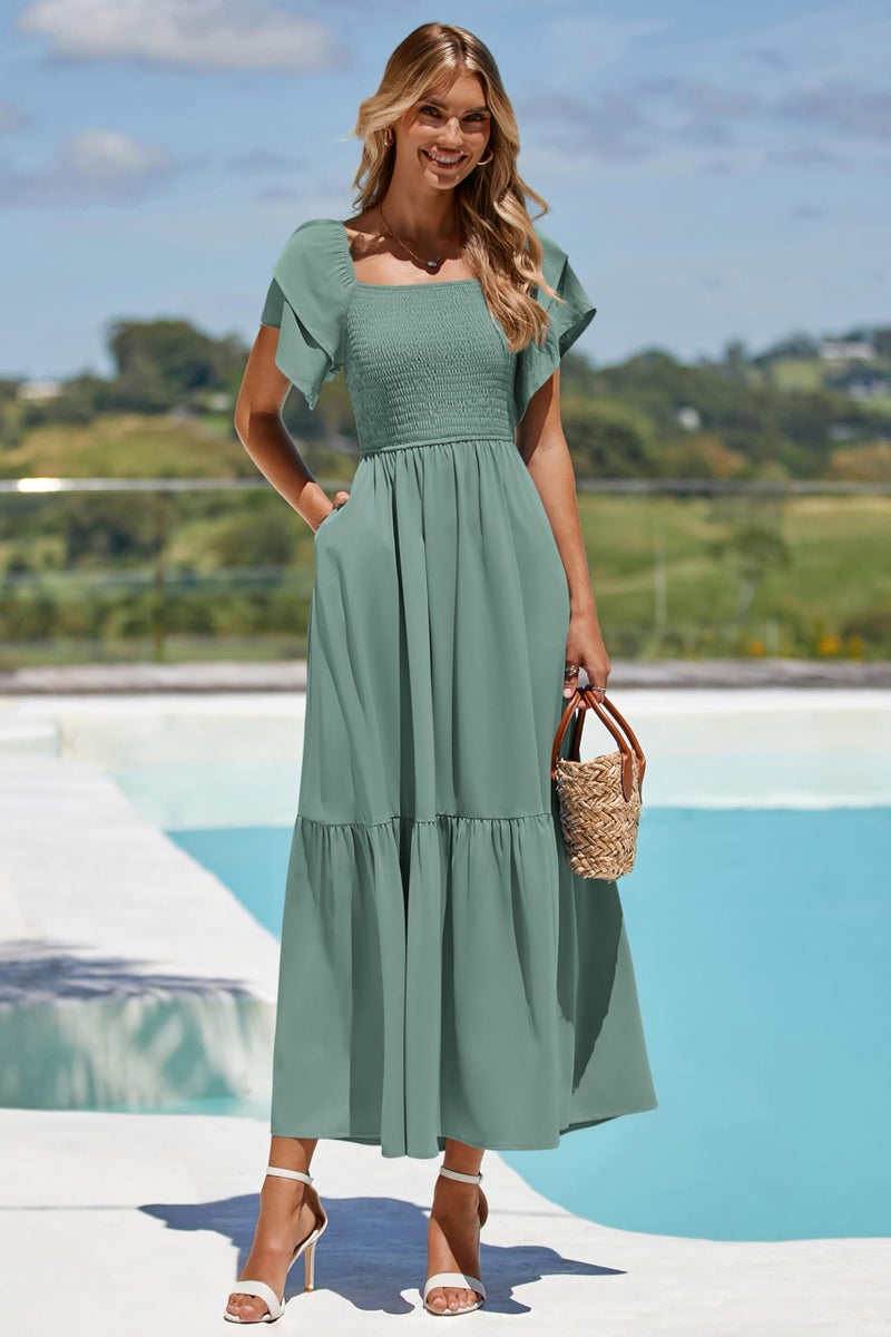 MASCOMODA Womens Summer Casual Midi Dress Square Neck Ruffle Short Sleeve Smocked High Waist A Line Wedding Guest Dresses(Green,Medium) - Image 4