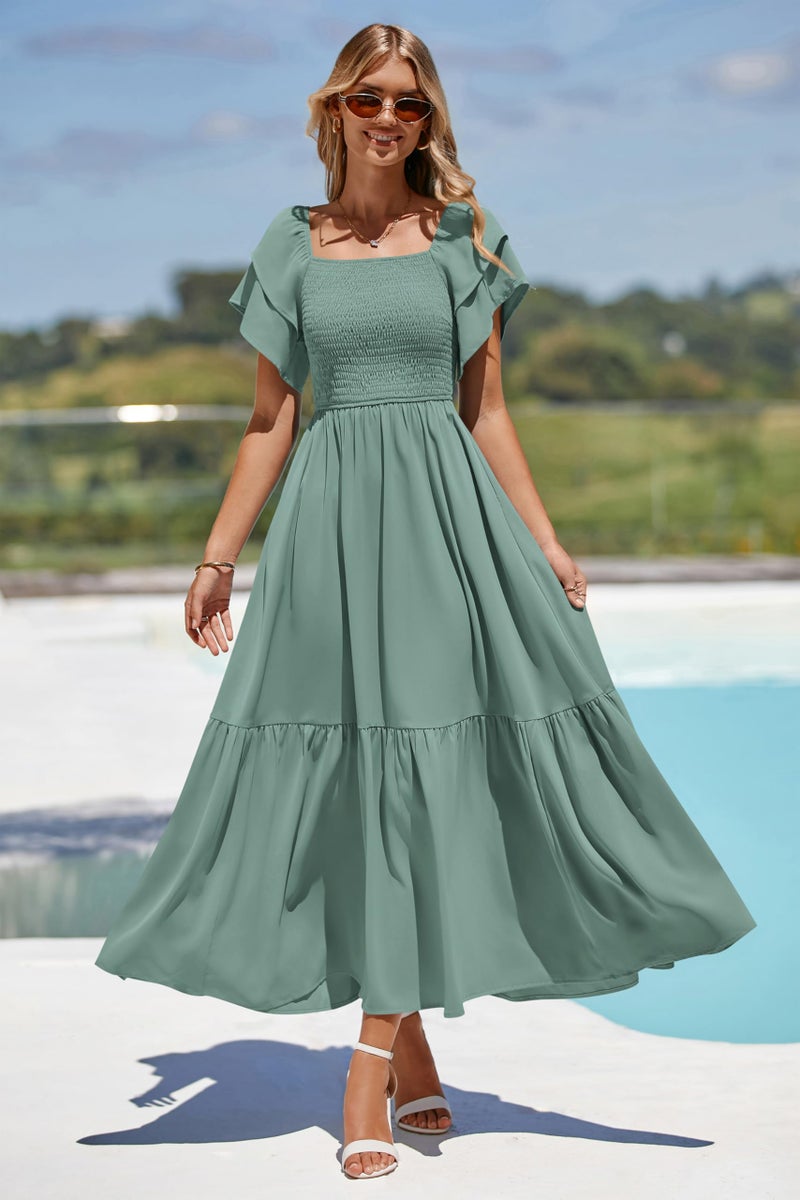 MASCOMODA Womens Summer Casual Midi Dress Square Neck Ruffle Short Sleeve Smocked High Waist A Line Wedding Guest Dresses(Green,Medium) - Image 5
