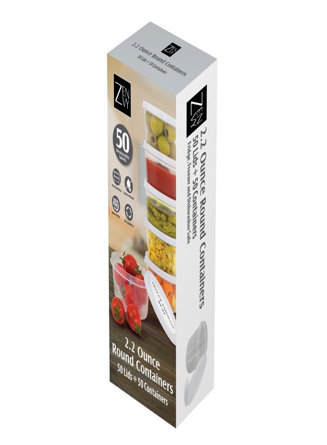 ZENVY 50 Pack Mini Reusable 2oz Containers | Includes 50 Plastic 2oz Food Containers and Lids | For Sauces, Dips, Crafts & More (White, Round) - Image 2