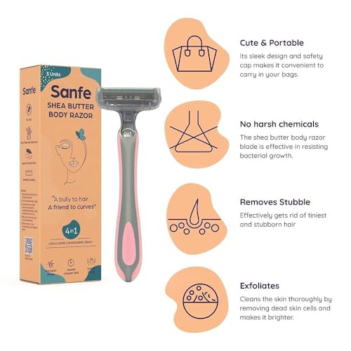 Sanfe Shea Butter Body Razor for Women's Hair Removal - Pack of 3 with New No Cut Technology | Comfortable Handle | Instant & Pain Free Remover | Protective Sleeve and Anti-Slip Grip - Image 3