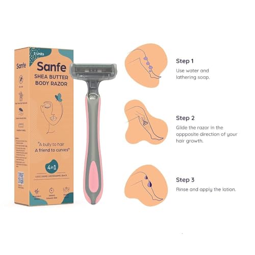 Sanfe Shea Butter Body Razor for Women's Hair Removal - Pack of 3 with New No Cut Technology | Comfortable Handle | Instant & Pain Free Remover | Protective Sleeve and Anti-Slip Grip - Image 4