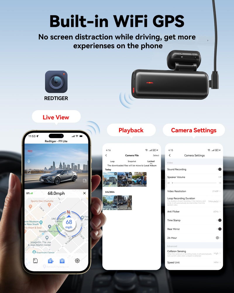 REDTIGER 4K Dash Cam Front, ADAS, Built-in WiFi GPS, Mini Hidden Dash Camera for Cars with G Sensor, 24H Parking Monitor, Free 32GB Memory Card, APP Control, Loop Recording, Night Vision (F9 Lite) - Image 5