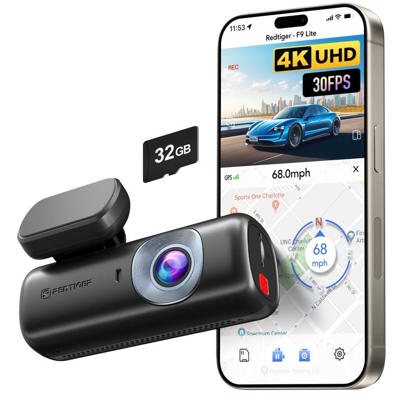 REDTIGER 4K Dash Cam Front, ADAS, Built-in WiFi GPS, Mini Hidden Dash Camera for Cars with G Sensor, 24H Parking Monitor, Free 32GB Memory Card, APP Control, Loop Recording, Night Vision (F9 Lite) - Image 1