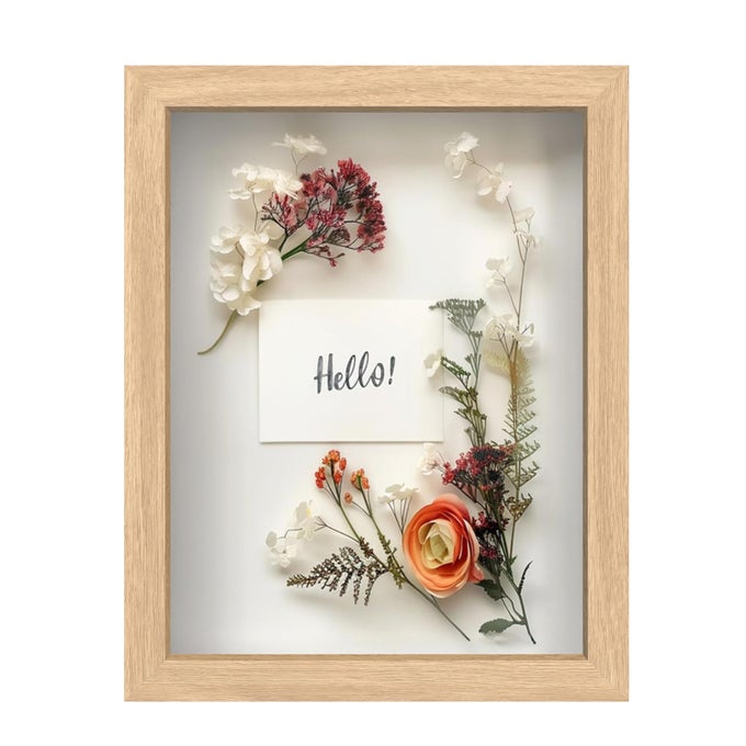 85 X 11 NATURAL OAK WOODEN SHADOW BOX FRAME DISPLAY CASE WITH SOFT FELT BACK MEMORY BOX WITH TEMPERED GLASS DISPLAY BOX WITH ELEGANT WHITE BALL PUSH PINS WOODEN FLOWER BOX