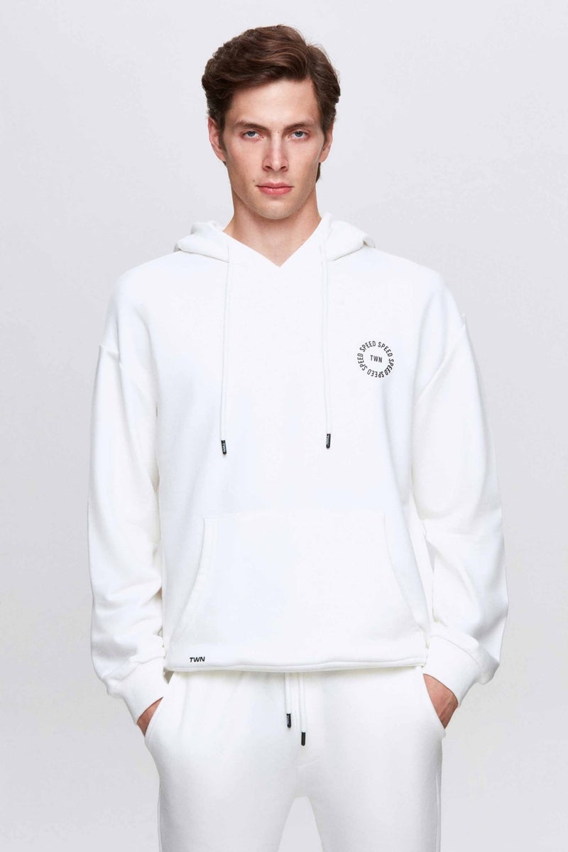 twn Oversize Ecru Printed 3 Thread Hooded Sweatshirt - Image 1