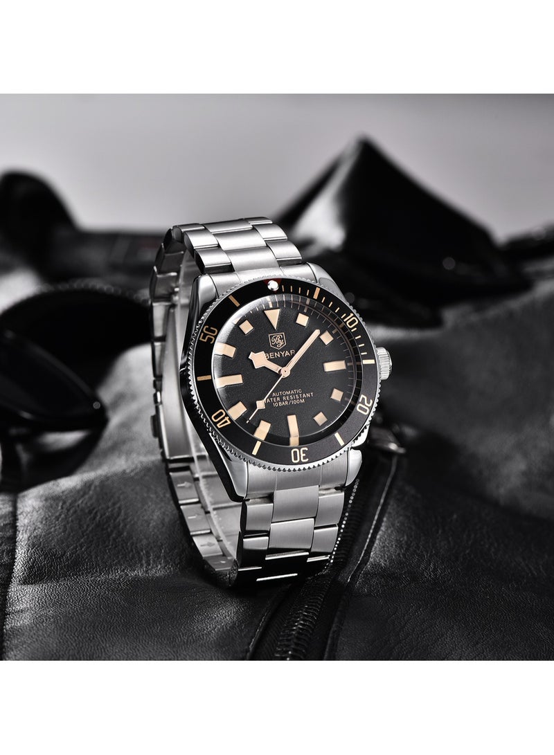 BENYAR Men's Automatic Watch, Classic Stainless Steel Wristwatch, 100M Deep Waterproof, High-Quality Movement, Elegant Business Wrist Watch, BY-5179M Black - Image 4