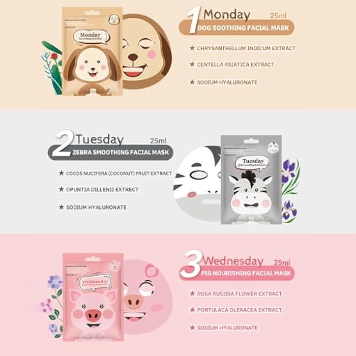 HHLTOH Animal Character Sheet Mask 7 Pack – Cute Hydrating Facial Masks, Spa Party Favors, Sleepover Essentials, Korean Skincare, Fun Face Masks, Vegan & Cruelty-Free - Image 3