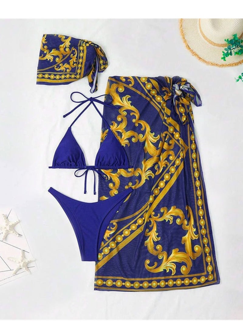 4pcs new swimsuit mesh cover-up skirt printed bikini swimsuit set  - Image 2