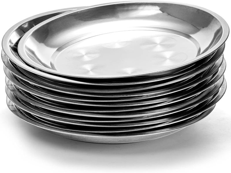 WUWEOT 10 Pack Stainless Steel Dinner Plates 10 Round Kitchen Metal Dish Plates RustProof Camping Serving Plates for BBQ Snack Salad Appetizer Fruit Cookies - Image 1