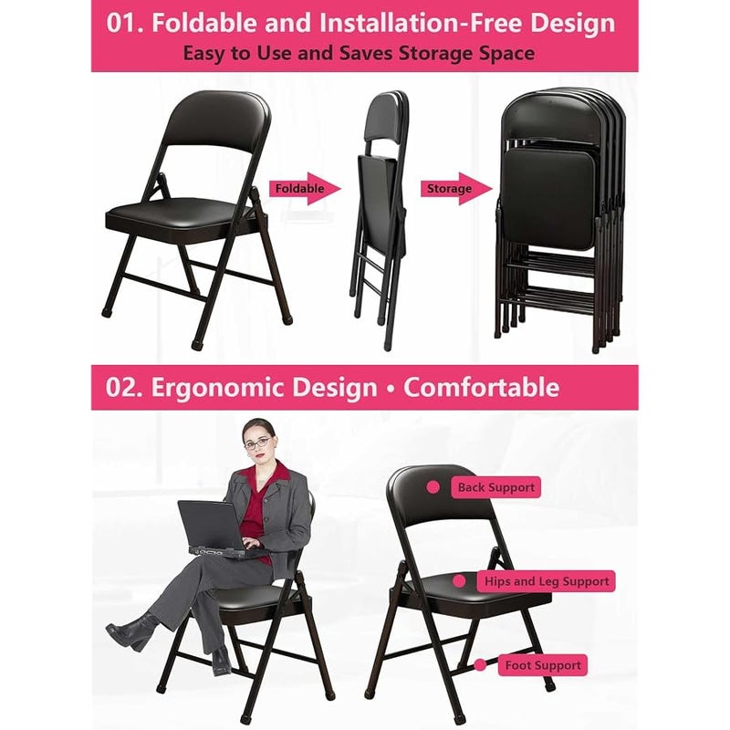KAOCHA 1 Pack Bulk Folding Chairs with Padded Cushion, Single Black Steel Metal Frame Foldable Chair for Indoor and Outdoor, Portable Stackable Commercial Seat for Bedroom Patio Party Event - Image 3