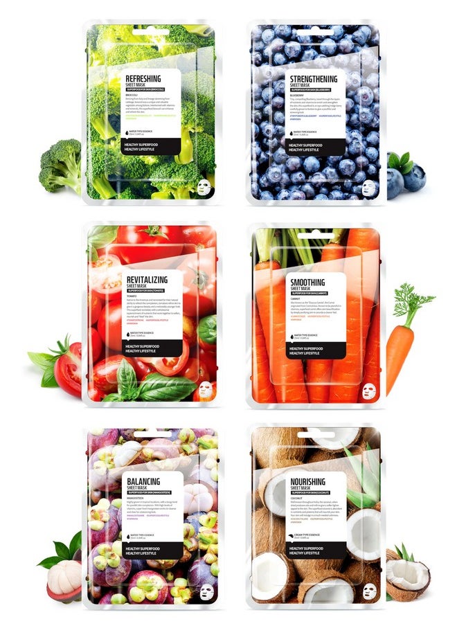 FARMSKIN Superfood Salad Sheet Mask Set Of 6 Face Mask Sheets Including Mangosteen Broccoli Carrot Coconut Blueberry & Tomato Refreshing Nourishing & Crueltyfree Face Mask Skincare Set  - Image 1