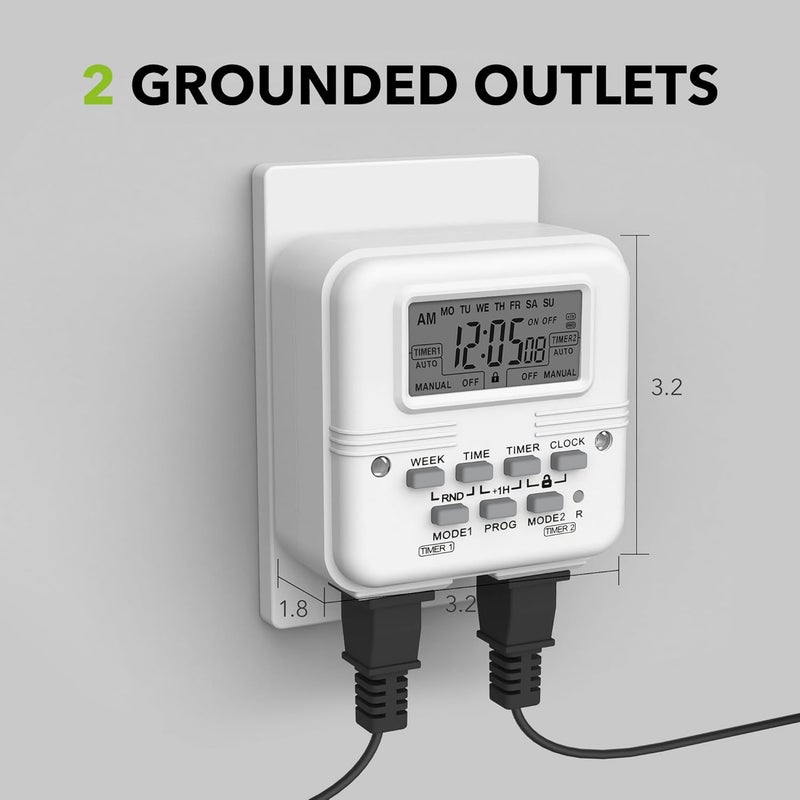 BN-LINK Indoor Digital Light Timer, 7 Day Programmable Plug with 2 Independent 3-Prong Outlets, for Lamps, Fans, 2 On/Off Settings, 1 Pack, 15A/1875W, ETL Listed - Image 5