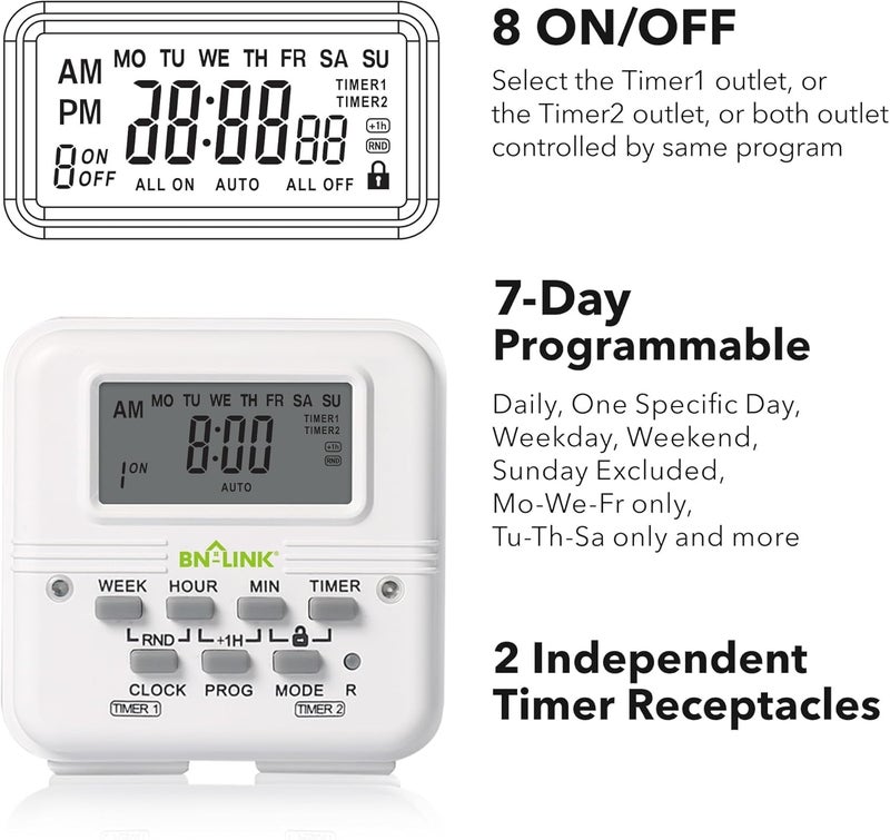 BN-LINK Indoor Digital Light Timer, 7 Day Programmable Plug with 2 Independent 3-Prong Outlets, for Lamps, Fans, 2 On/Off Settings, 1 Pack, 15A/1875W, ETL Listed - Image 3