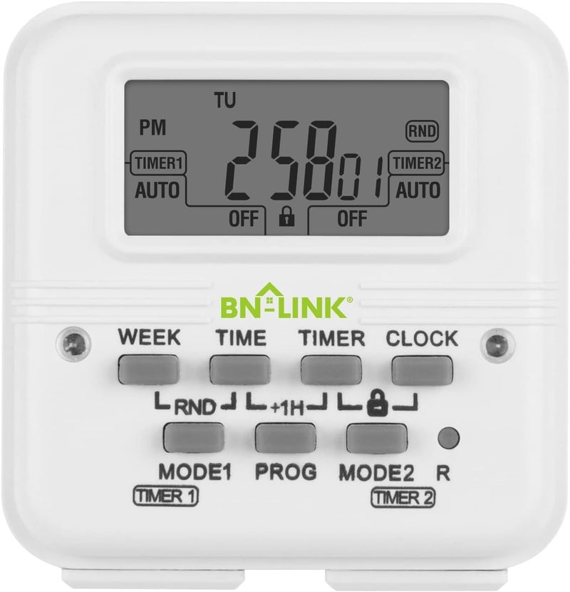 BN-LINK Indoor Digital Light Timer, 7 Day Programmable Plug with 2 Independent 3-Prong Outlets, for Lamps, Fans, 2 On/Off Settings, 1 Pack, 15A/1875W, ETL Listed - Image 1