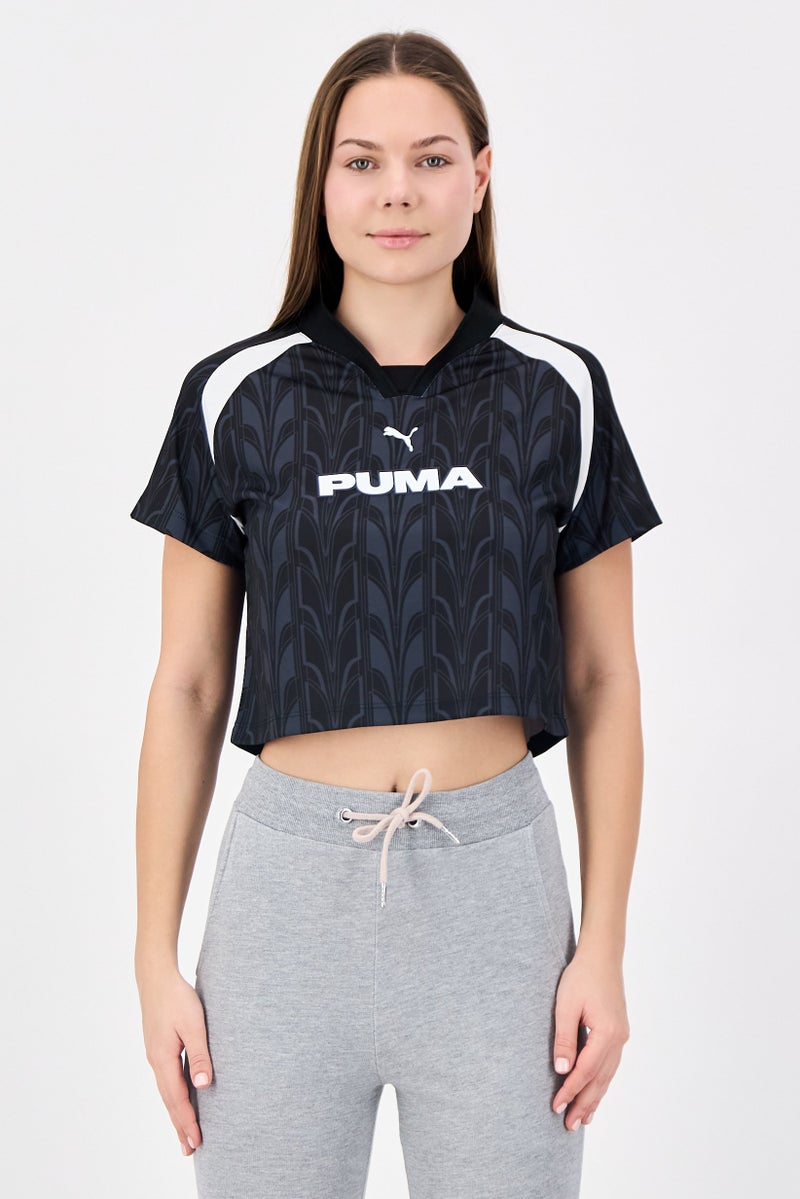 PUMA Women Slim Fit Short Sleeve Football Cropped Jersey, Black - Image 1