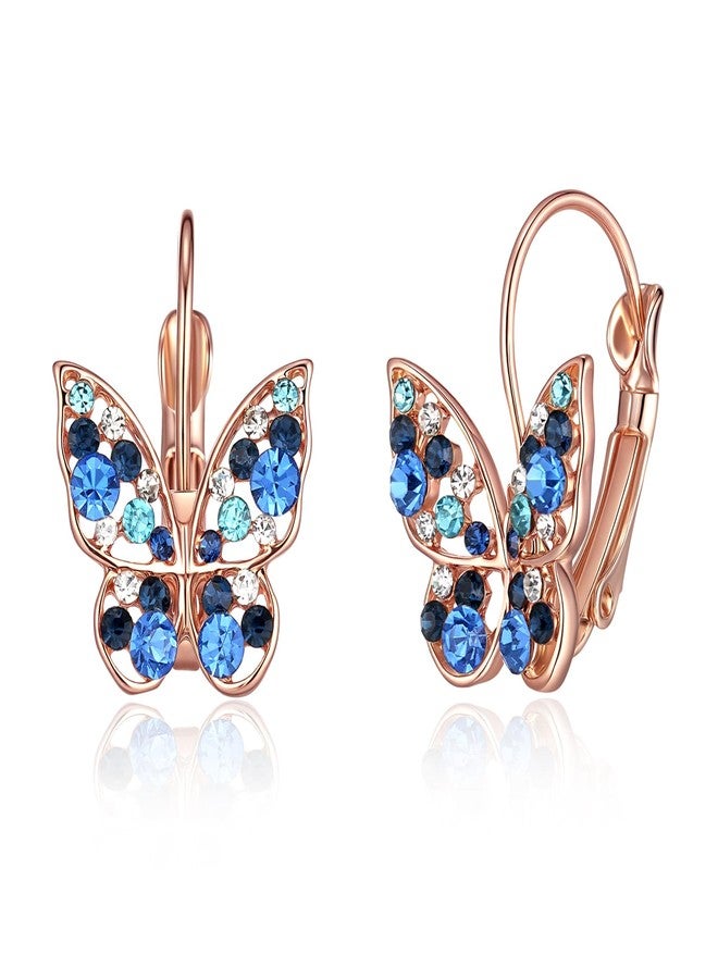 EVEVIC Austrian Crystal Butterfly Leverback Earrings for Women 14K Gold Plated Rhinestone Drop Earrings Hypoallergenic Jewelry Gifts (Blue Main Crystal/Rose Gold-tone) - Image 1