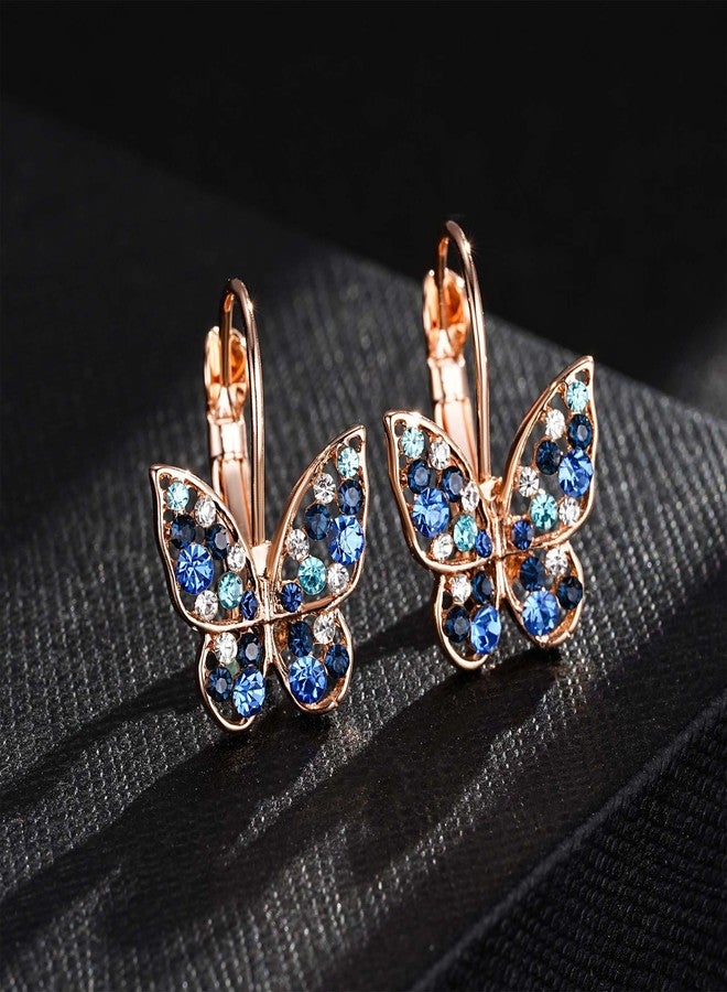 EVEVIC Austrian Crystal Butterfly Leverback Earrings for Women 14K Gold Plated Rhinestone Drop Earrings Hypoallergenic Jewelry Gifts (Blue Main Crystal/Rose Gold-tone) - Image 4