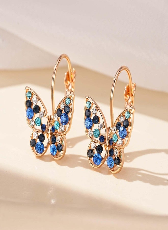 EVEVIC Austrian Crystal Butterfly Leverback Earrings for Women 14K Gold Plated Rhinestone Drop Earrings Hypoallergenic Jewelry Gifts (Blue Main Crystal/Rose Gold-tone) - Image 2