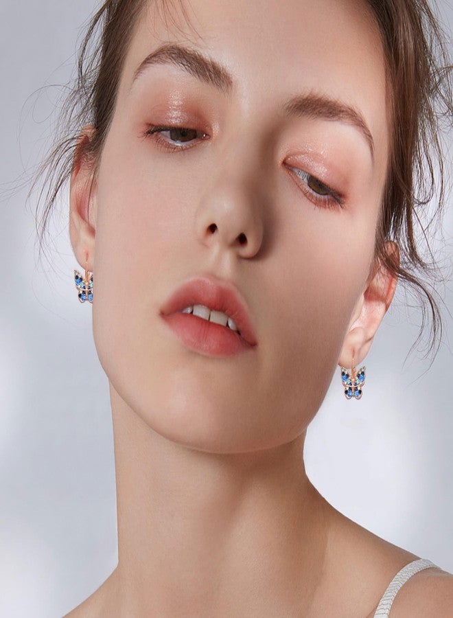 EVEVIC Austrian Crystal Butterfly Leverback Earrings for Women 14K Gold Plated Rhinestone Drop Earrings Hypoallergenic Jewelry Gifts (Blue Main Crystal/Rose Gold-tone) - Image 3