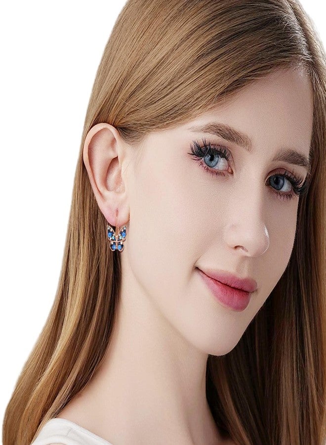 EVEVIC Austrian Crystal Butterfly Leverback Earrings for Women 14K Gold Plated Rhinestone Drop Earrings Hypoallergenic Jewelry Gifts (Blue Main Crystal/Rose Gold-tone) - Image 5