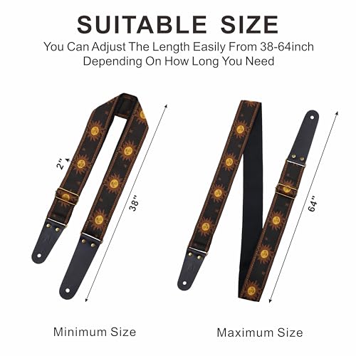 Nefelibata Guitar Strap, Sun Embroidered Cotton Guitar Strap with Head Cowhide Leather Ends for Bass, Electric and Acoustic Guitars, Free Strap Button, 1 Pair of Strap Locks and 4 Guitar Picks - Image 5