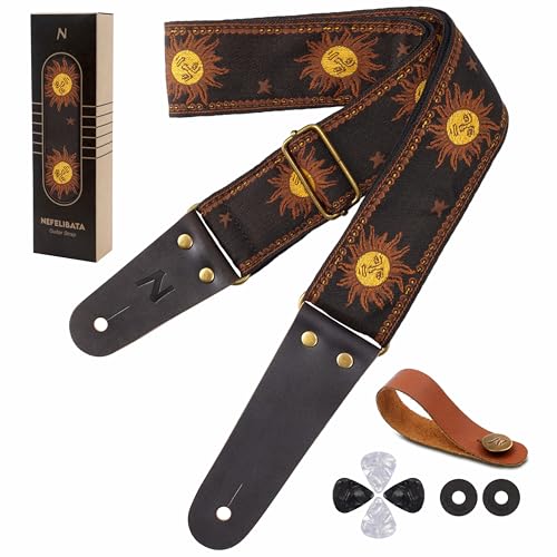 Nefelibata Guitar Strap, Sun Embroidered Cotton Guitar Strap with Head Cowhide Leather Ends for Bass, Electric and Acoustic Guitars, Free Strap Button, 1 Pair of Strap Locks and 4 Guitar Picks - Image 1