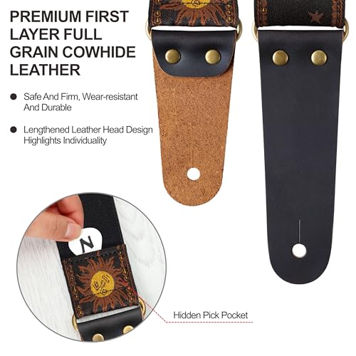 Nefelibata Guitar Strap, Sun Embroidered Cotton Guitar Strap with Head Cowhide Leather Ends for Bass, Electric and Acoustic Guitars, Free Strap Button, 1 Pair of Strap Locks and 4 Guitar Picks - Image 2