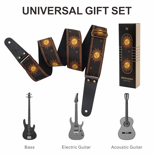 Nefelibata Guitar Strap, Sun Embroidered Cotton Guitar Strap with Head Cowhide Leather Ends for Bass, Electric and Acoustic Guitars, Free Strap Button, 1 Pair of Strap Locks and 4 Guitar Picks - Image 4