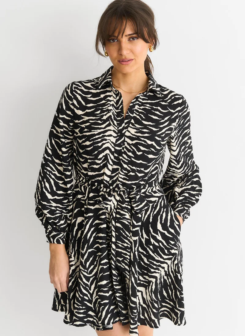 Gini London  Mono Zebra Belted Viscose Shirt Dress for Women | Best Price UAE