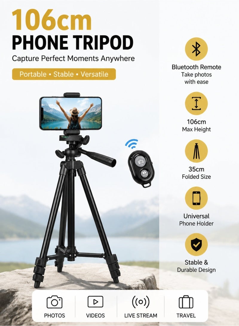 OULIYO 106cm Extendable Phone Tripod Stand with Bluetooth Remote, Portable Camera Tripod for Selfie, Vlogging, Live Streaming, Travel Photography, Universal Phone Holder Compatible with Smartphone, Camera and Action Camera - Image 2