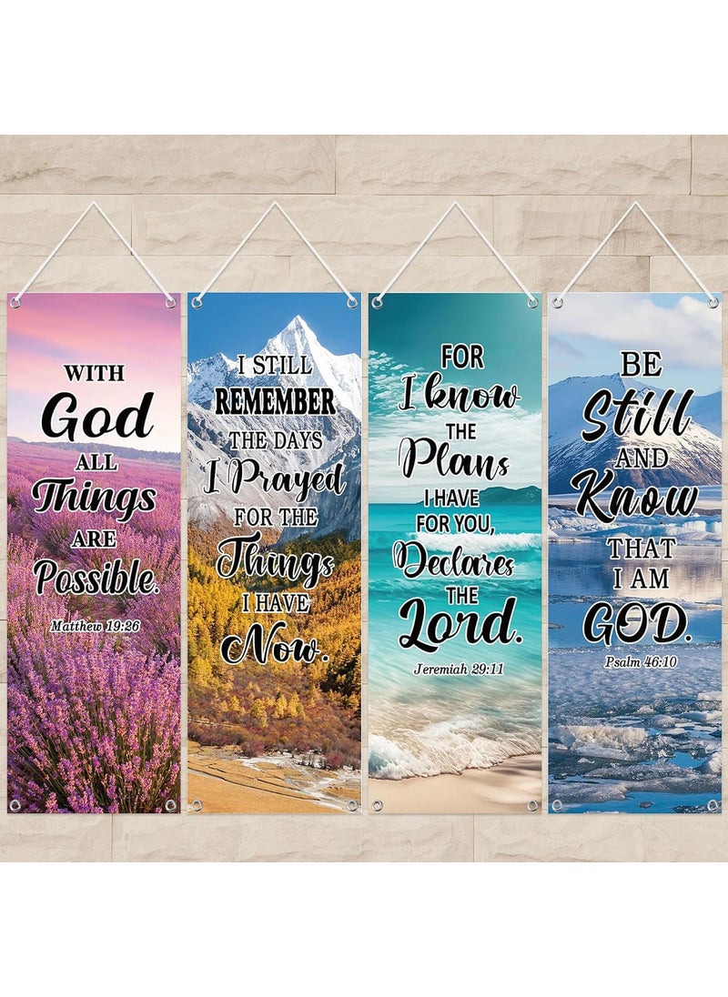 Moukeren Moukeren 4 Pcs Church Banners with Scripture Religious Porch Banners Church Sanctuary Wall Worship Bible Verse Exquisite Backdrop Scenic Pattern Inspirational Christian Praise Hanging SignsScripture  - Image 1