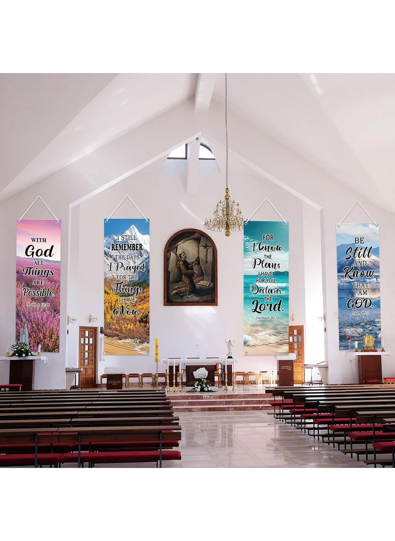 Moukeren Moukeren 4 Pcs Church Banners with Scripture Religious Porch Banners Church Sanctuary Wall Worship Bible Verse Exquisite Backdrop Scenic Pattern Inspirational Christian Praise Hanging SignsScripture  - Image 4