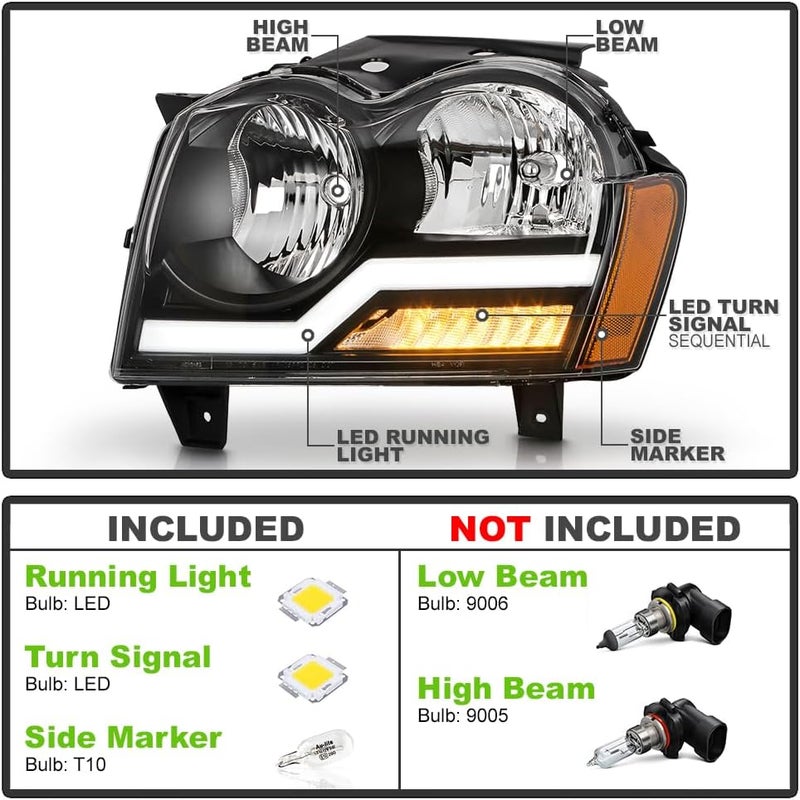 KEEKPO Black LED Tube Headlights for 2005-2007 Jeep Grand Cherokee - Image 2