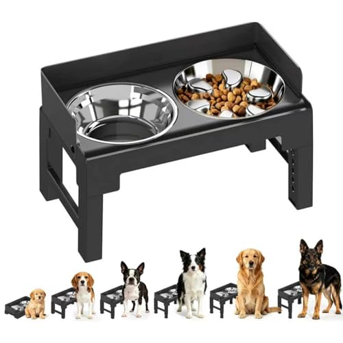 PAKEWAY Elevated Dog Bowls, Spill Proof, Tiltable Pet Feeder with 1 Stainless Steel Bowl &1 Stainless Steel Slow Feeder Bowl, 6 Height Adjustable Raised Bowls Stand for Medium Large Dogs - Image 1
