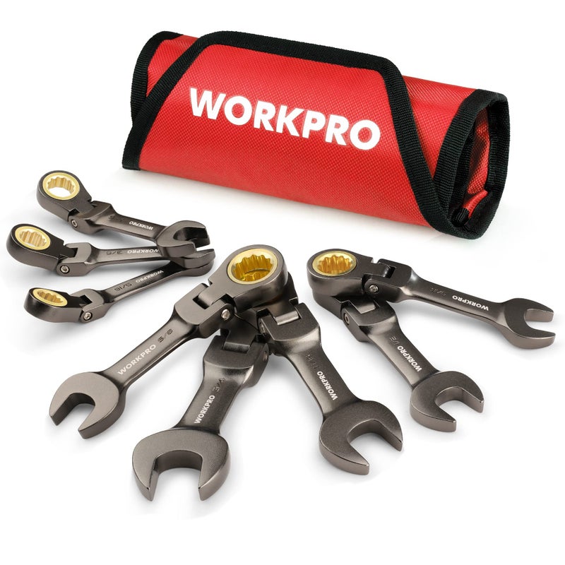 WORKPRO 8 Piece Flex Head Stubby Ratcheting Combination Wrench Set, SAE 5/16-3/4 in, 72-Teeth, CRV, Nickel Plating with Rolling Pouch - Image 1