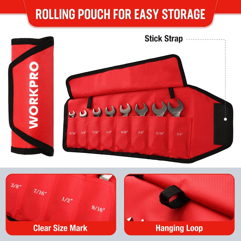 WORKPRO 8 Piece Flex Head Stubby Ratcheting Combination Wrench Set, SAE 5/16-3/4 in, 72-Teeth, CRV, Nickel Plating with Rolling Pouch - Image 5