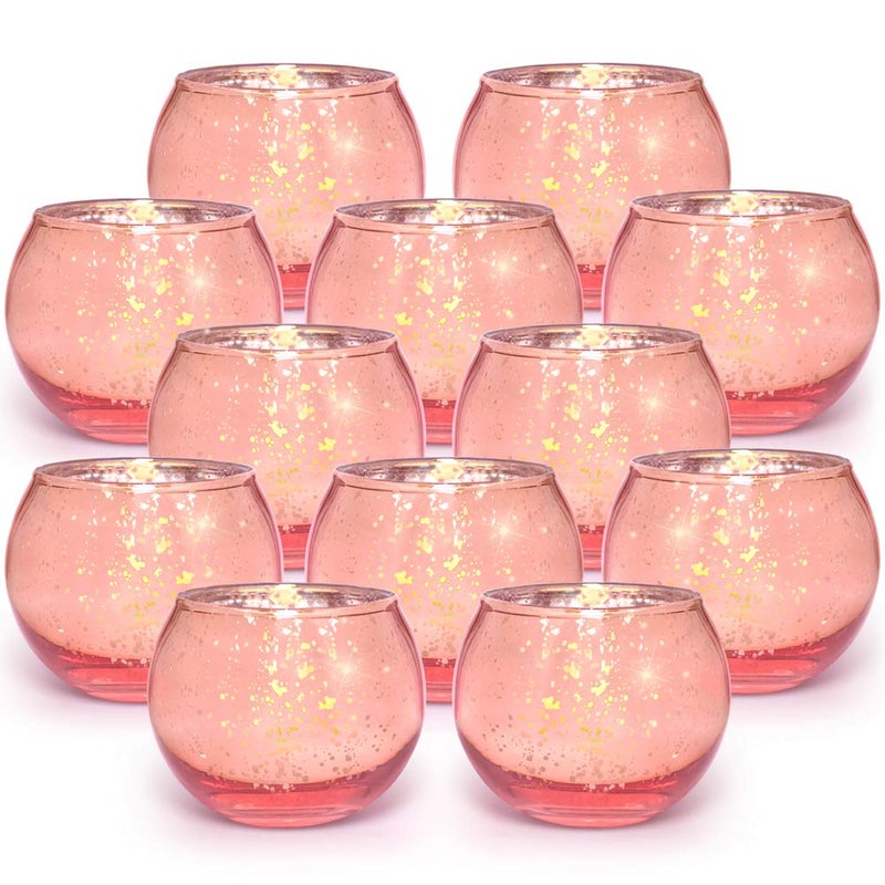 Volens Round Rose Gold Votive Candle Holders Mercury Glass Tealight Candle Holder Set of 12