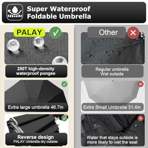 PALAY® 50'' Large Umbrella with Reflective Strip, Auto 3-Fold Compact Travel Umbrella, Carabiner Handle, Reinforced 10 Dual Ribs, Sun Protection 99% UV & Rain & Windproof for Men Women (Black) - Image 3