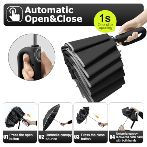 PALAY® 50'' Large Umbrella with Reflective Strip, Auto 3-Fold Compact Travel Umbrella, Carabiner Handle, Reinforced 10 Dual Ribs, Sun Protection 99% UV & Rain & Windproof for Men Women (Black) - Image 4