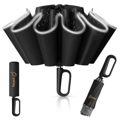 PALAY® 50'' Large Umbrella with Reflective Strip, Auto 3-Fold Compact Travel Umbrella, Carabiner Handle, Reinforced 10 Dual Ribs, Sun Protection 99% UV & Rain & Windproof for Men Women (Black) - Image 1