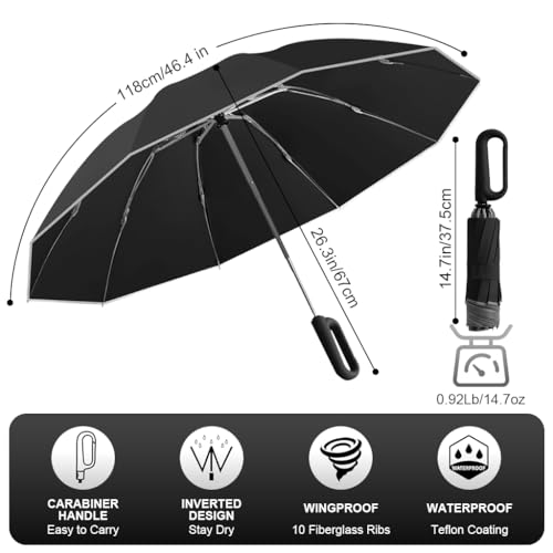 PALAY® 50'' Large Umbrella with Reflective Strip, Auto 3-Fold Compact Travel Umbrella, Carabiner Handle, Reinforced 10 Dual Ribs, Sun Protection 99% UV & Rain & Windproof for Men Women (Black) - Image 2