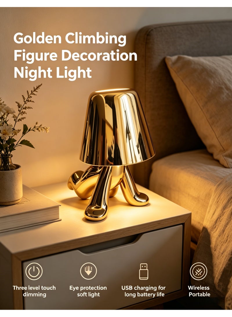 USB rechargeable touch-type LED table lamp, featuring a golden climbing figure decoration night light, with 3 color modes, eye-protecting bedside night light, suitable for bedrooms, offices, and other scenarios, and can also be used as a home decoration or gift - Image 1