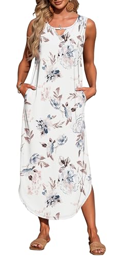 MISFAY Women's Summer Maxi Dress Sleeveless Loose Long Beach Split Dresses with Pockets(Floral White,S) - Image 2