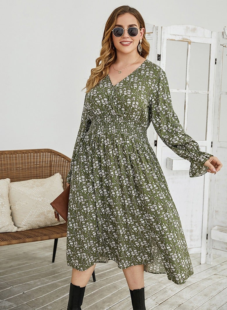 Female Sweet V-neck Floral Slim Plus size dress Green