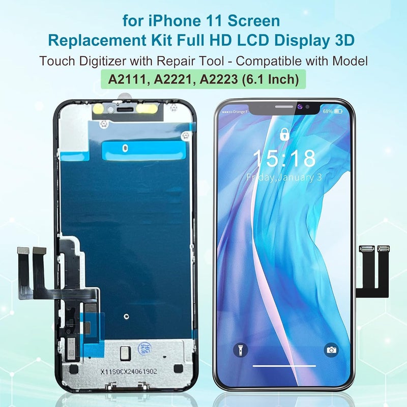BHMBKCT طقم استبدال شاشة آيفون 11 - شاشة LCD بدقة عالية 3D Touch مع أدوات الإصلاح - متوافق مع الطرازات A2111، A2221، A2223 (6.1 بوصة) - أسود - Image 2